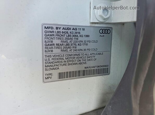WA1LHAF73KD020622 2019 AUDI Q7 Белый 
