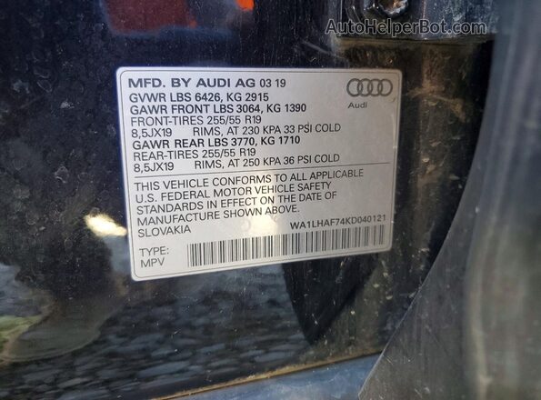 WA1LHAF74KD040121 2019 AUDI Q7 Black VIN კოდის სტიკერის ხედი