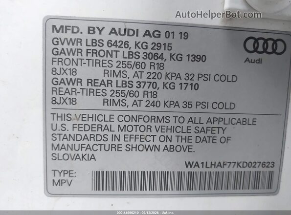 WA1LHAF77KD027623 2019 AUDI Q7 White 