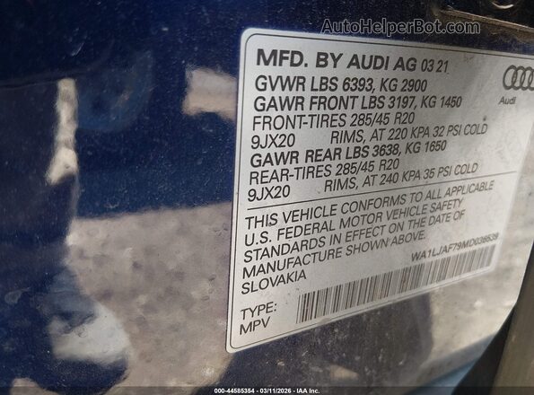 WA1LJAF79MD036539 2021 AUDI Q7 Blue 