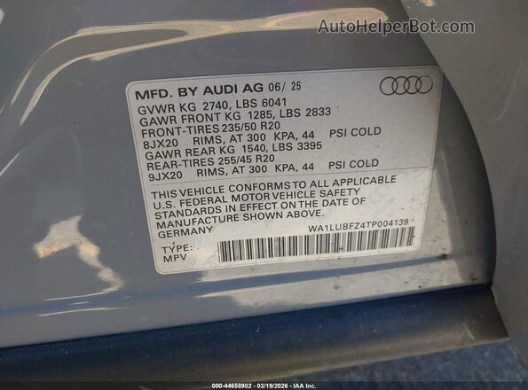 WA1LUBFZ4TP004139 2026 AUDI Q4 Gray ძრავის განყოფილების ხედი