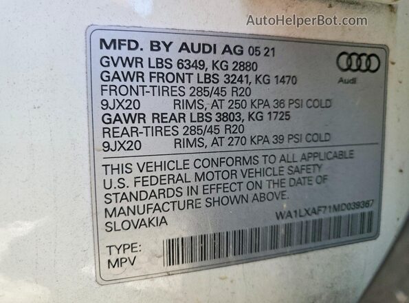 WA1LXAF71MD039367 2021 AUDI Q7 White VIN sticker view