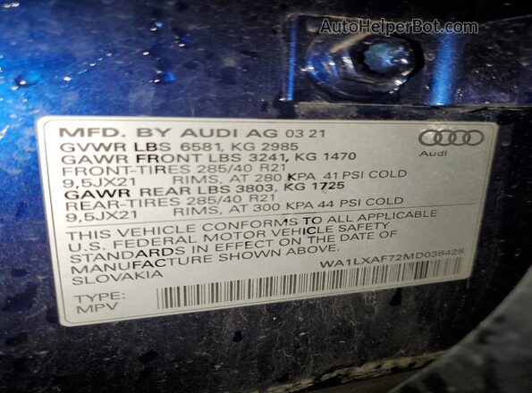 WA1LXAF72MD036428 2021 AUDI Q7 Blue VIN կոդի պիտակի տեսք