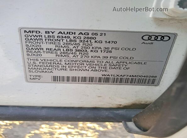 WA1LXAF74MD040268 2021 AUDI Q7 Белый Вид наклейки с VIN-кодом