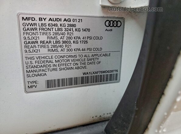 WA1LXAF75MD028775 2021 AUDI Q7 White Vista de la etiqueta del VIN