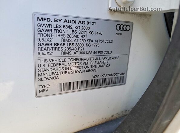 WA1LXAF7XMD028450 2021 AUDI Q7 White VIN կոդի պիտակի տեսք