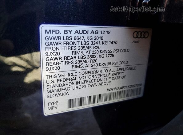 WA1VAAF71KD027260 2019 AUDI Q7 Black Vista del compartimento del motor