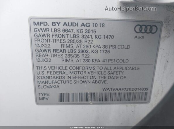 WA1VAAF72KD014839 2019 AUDI Q7 White Widok komory silnika