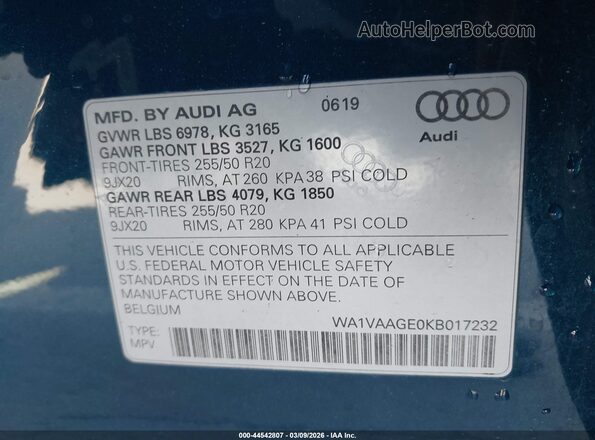WA1VAAGE0KB017232 2019 AUDI E-TRON Blue Vista del compartimento del motor