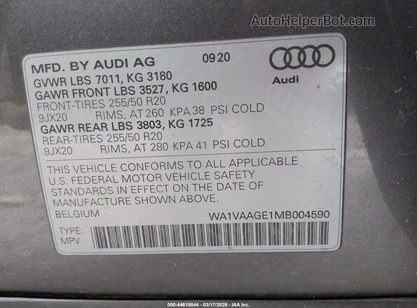 WA1VAAGE1MB004590 2021 AUDI E-TRON Gray Вид підкапотного простору