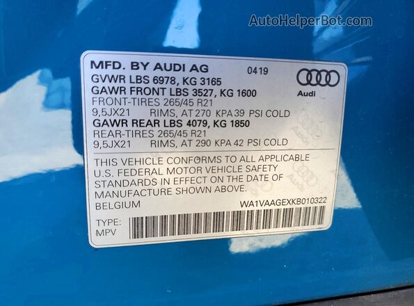 WA1VAAGEXKB010322 2019 AUDI E-TRON Blue სალონის 360-გრადუსიანი ხედი