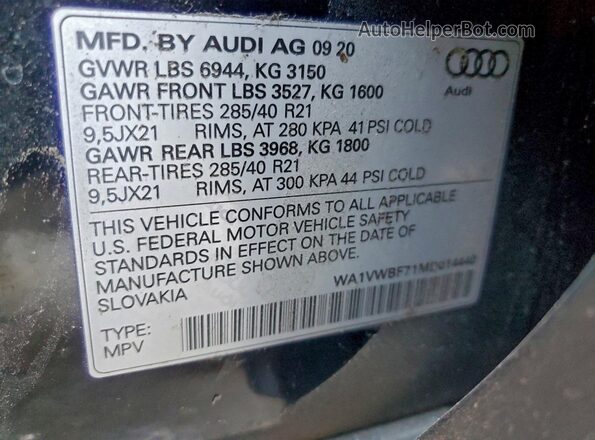 WA1VWBF71MD014440 2021 AUDI SQ7 Black VIN კოდის სტიკერის ხედი