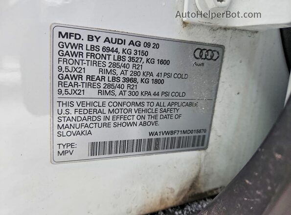 WA1VWBF71MD015670 2021 AUDI SQ7 White Widok komory silnika