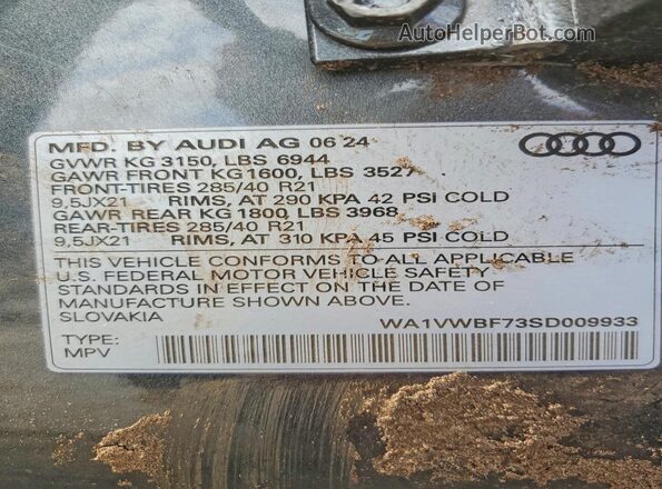 WA1VWBF73SD009933 2025 AUDI SQ7 Black Widok naklejki z numerem VIN