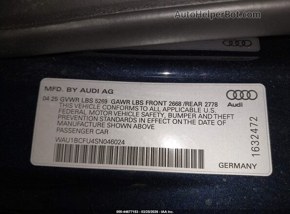 WAU1BCFU4SN046024 2025 AUDI ALL Blue Вид підкапотного простору