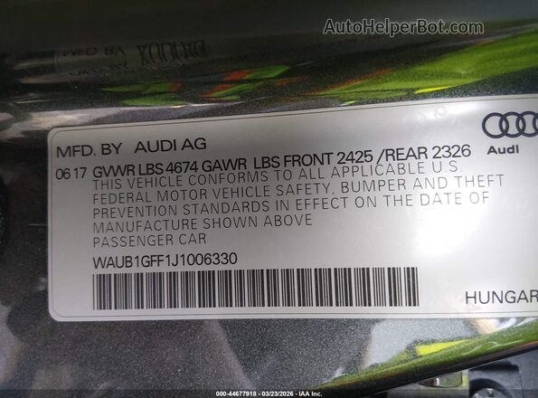 WAUB1GFF1J1006330 2018 AUDI S3 Gray ძრავის განყოფილების ხედი