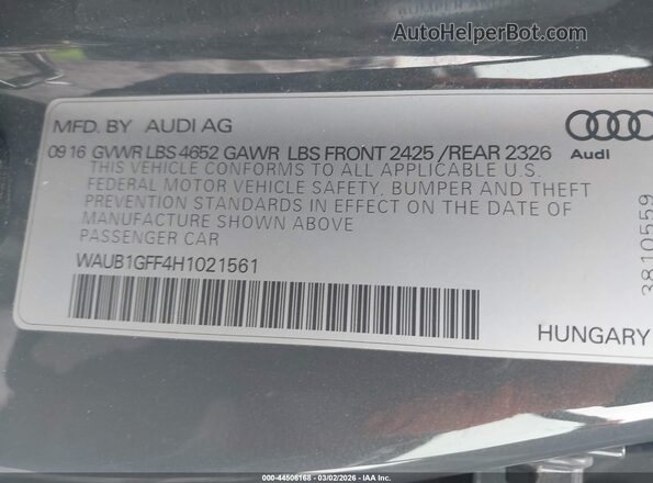 WAUB1GFF4H1021561 2017 AUDI S3 Gray 