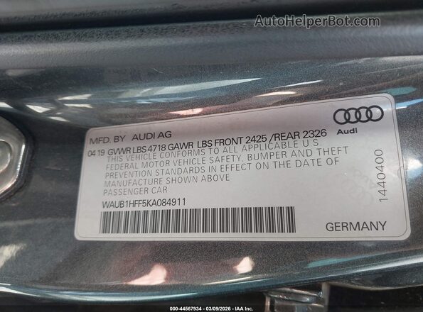 WAUB1HFF5KA084911 2019 AUDI S3 White Engine compartment view