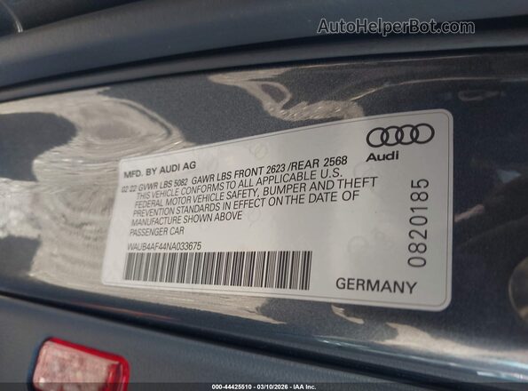 WAUB4AF44NA033675 2022 AUDI S4 Gray Вид підкапотного простору