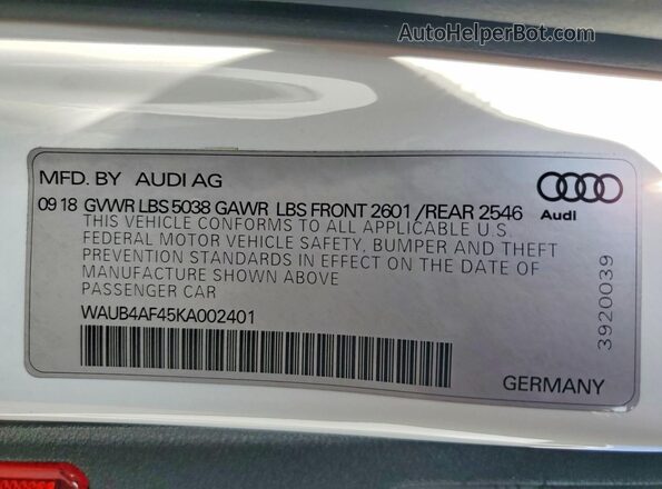 WAUB4AF45KA002401 2019 AUDI S4 White Widok komory silnika