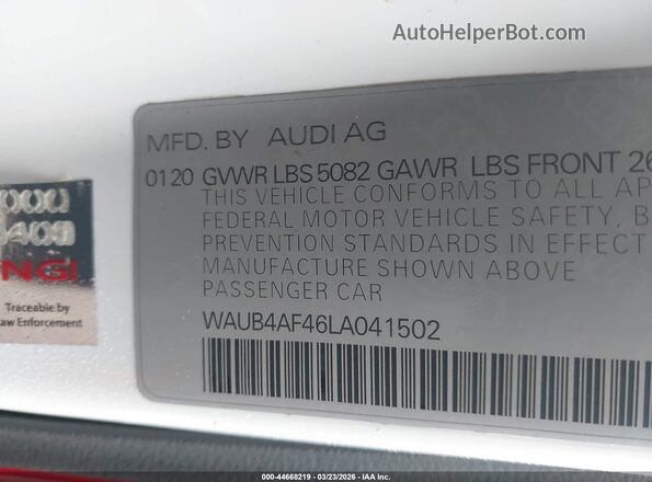 WAUB4AF46LA041502 2020 AUDI S4 Белый Вид подкапотного пространства