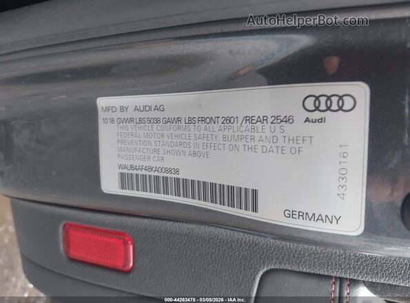 WAUB4AF48KA008838 2019 AUDI S4 Gray Вид підкапотного простору