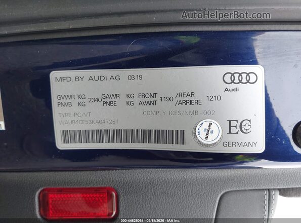 WAUB4CF53KA047261 2019 AUDI S5 Blue 