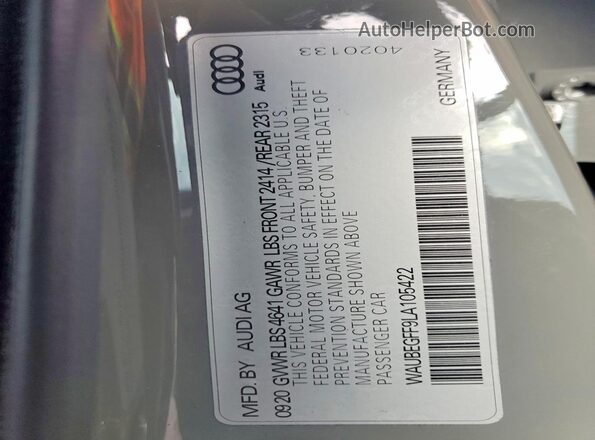 WAUBEGFF9LA105422 2020 AUDI OTHER Gray Vista del compartimento del motor