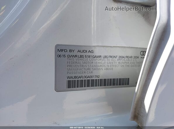 WAUBGAFL0GA001792 2016 AUDI S4 White Вид підкапотного простору