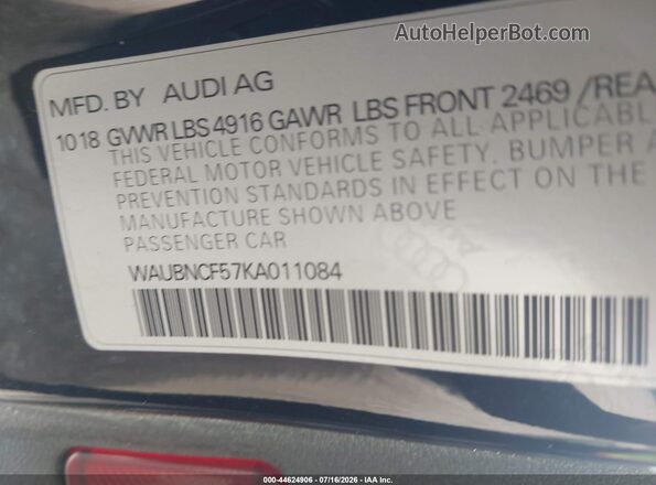 WAUBNCF57KA011084 2019 AUDI OTHER Black Engine compartment view