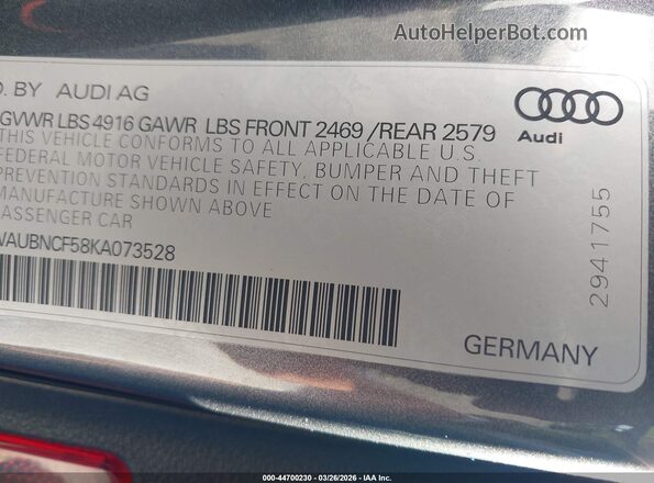 WAUBNCF58KA073528 2019 AUDI OTHER Gray 