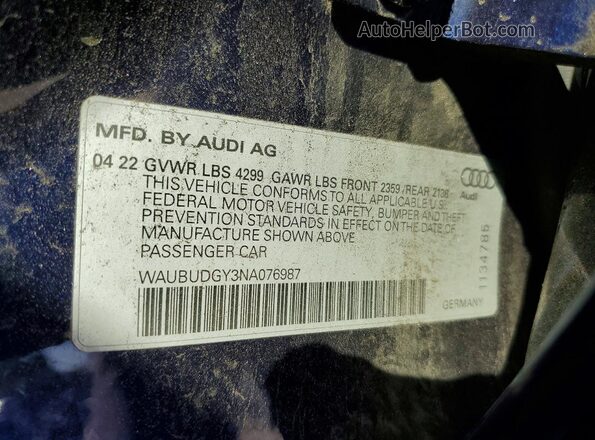 WAUBUDGY3NA076987 2022 AUDI OTHER Blue Vista de la etiqueta del VIN