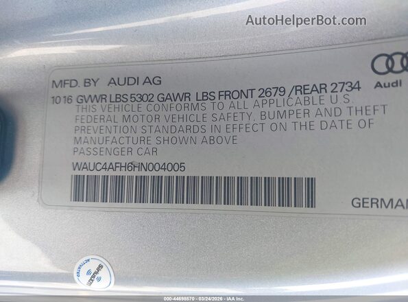 WAUC4AFH6HN004005 2017 AUDI S5 Silver Vista del compartimento del motor