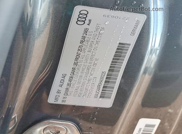 WAUC4AFR0HA000225 2017 AUDI S5 Silver VIN კოდის სტიკერის ხედი