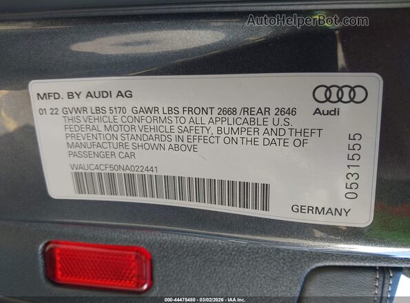 WAUC4CF50NA022441 2022 AUDI S5 Gray Вид підкапотного простору