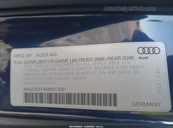 WAUC4CF54MA017581 2021 AUDI S5 Blue Widok komory silnika