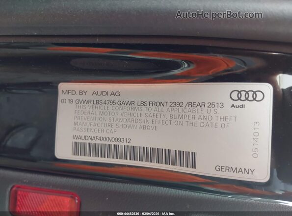 WAUDNAF4XKN009312 2019 AUDI OTHER Черный 