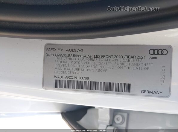 WAUFFAFCXJN103766 2018 AUDI S6 White Շարժիչի բաժամունքի տեսք