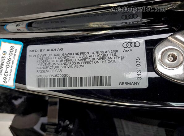 WAUG9BFW3S7000805 2025 AUDI S Black Vista de la etiqueta del VIN