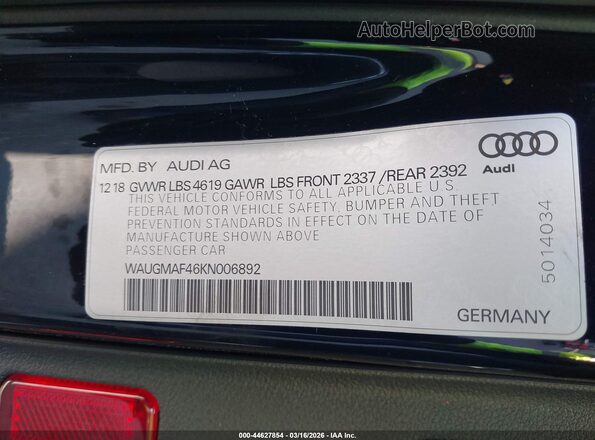 WAUGMAF46KN006892 2019 AUDI OTHER Black 