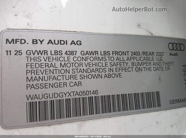 WAUGUDGYXTA050146 2026 AUDI OTHER White Շարժիչի բաժամունքի տեսք