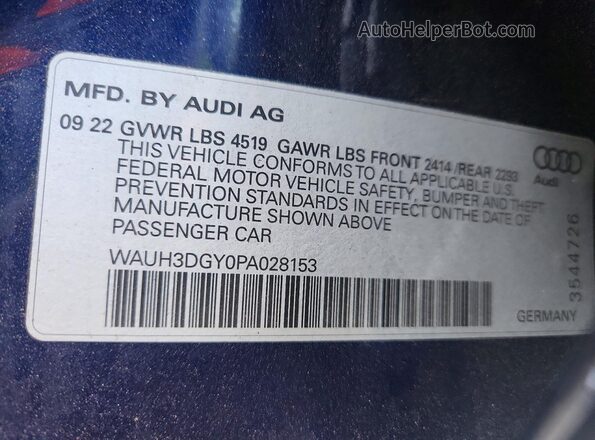 WAUH3DGY0PA028153 2023 AUDI S3 Blue Vista de la etiqueta del VIN