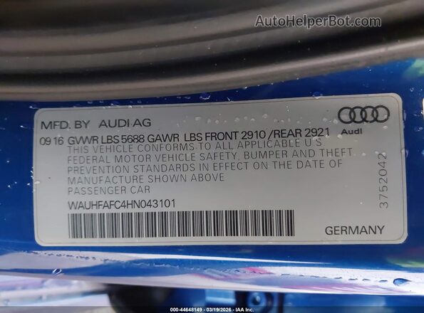 WAUHFAFC4HN043101 2017 AUDI S6 Blue Widok komory silnika