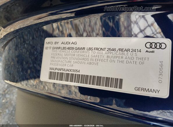 WAUP4AF58JA003054 2018 AUDI S5 Blue Շարժիչի բաժամունքի տեսք