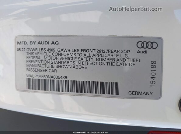 WAUP4AF59NA035436 2022 AUDI S5 White Вид підкапотного простору