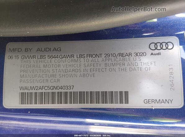 WAUW2AFC5GN040337 2016 AUDI S7 Blue ძრავის განყოფილების ხედი