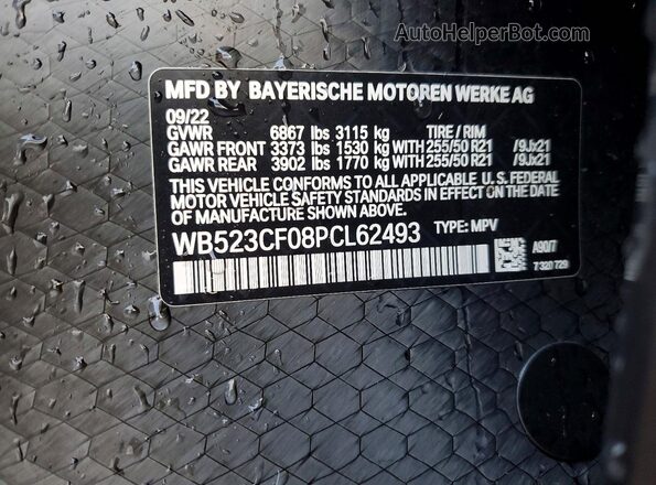 WB523CF08PCL62493 2023 BMW IX Gray VIN sticker view