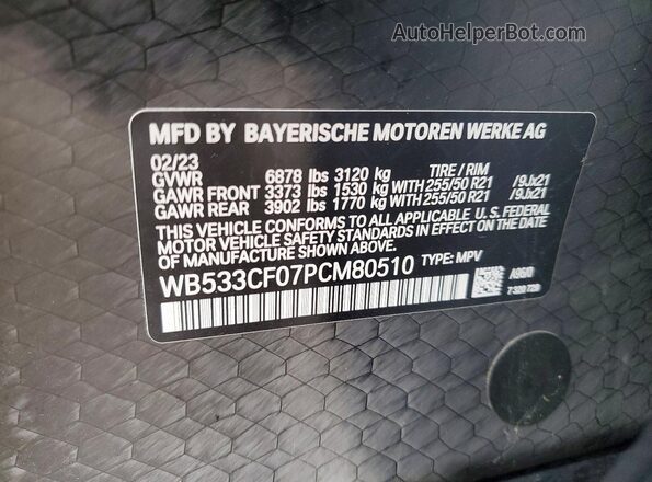 WB533CF07PCM80510 2023 BMW IX White Widok naklejki z numerem VIN