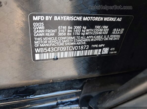 WB543CF09TCV01873 2026 BMW IX Black Vista del compartimento del motor
