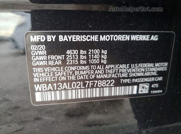 WBA13AL02L7F78822 2020 BMW M2 Black VIN կոդի պիտակի տեսք